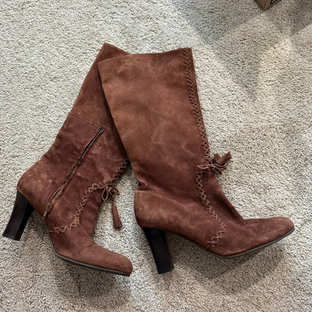 Ginger Goff Brown Suede Leather Heeled Tall Boots Women's Size 11 Tassel Stitch